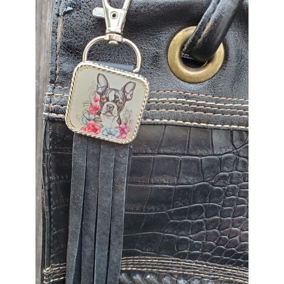 Handmade boho Boston terrier Gift Leather Fringe Western bag charm keychain - Picture 1 of 3